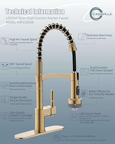 Miniatura 8 de Grifo de cocina LED con dispensador de jabón, grifo de cocina dorado, grifo para fregadero de cocina, grifo de acero inoxidable de una sola manija
