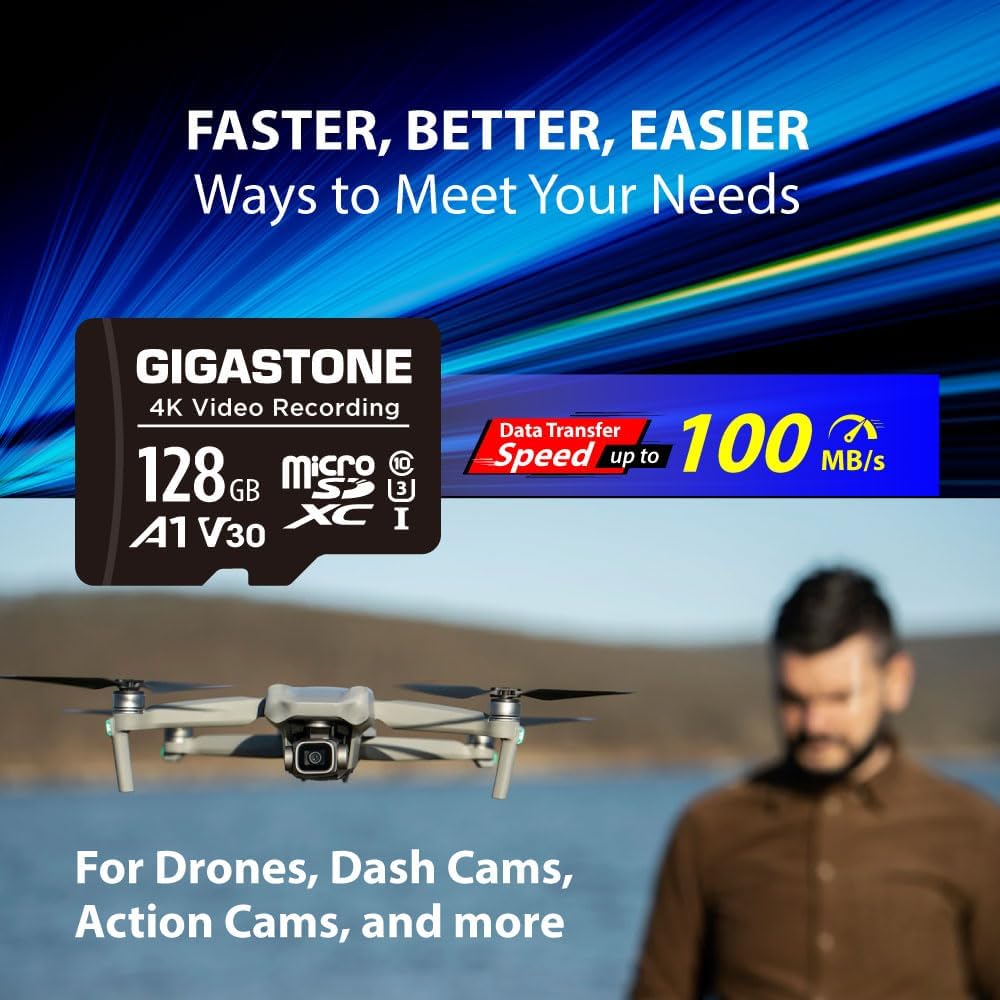 GIGASTONE 128GB Micro SD Card 10-Pack, A1 V30 4K Video Recording, Compatible with Security Camera, Action Camera, Drone, 100MB/s MicoSDXC Memory Card UHS-I, with Adapter