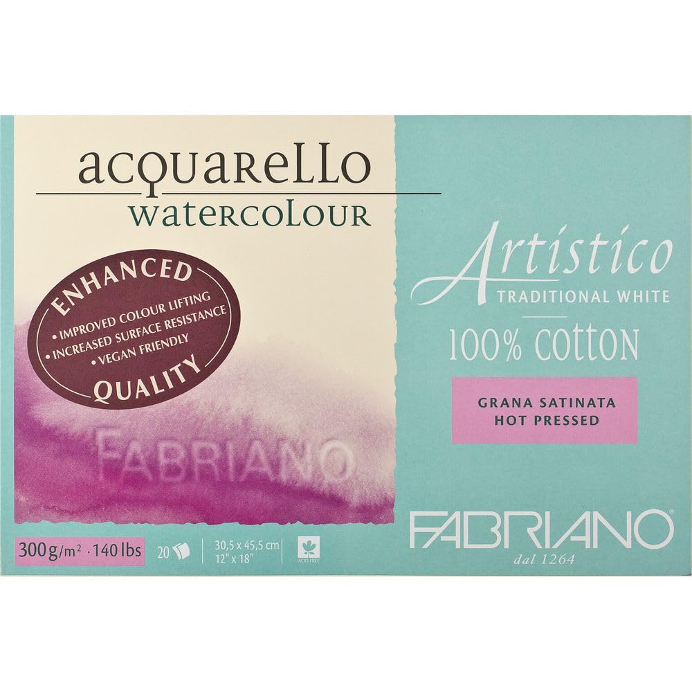 Honsell 19003141 Fabriano Artistico Acquarello Watercolour, bianco naturale, satinato, pressato a caldo, 31 x 41 cm, 20 fogli da 300 g/m², di alta qualità per artisti, blocco 4 lati, bianco