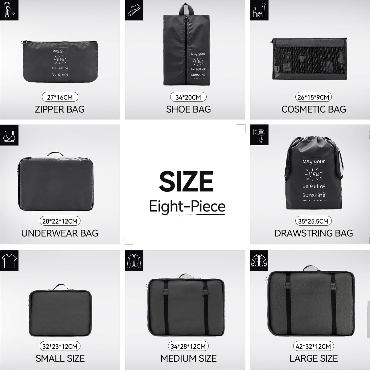 Shadcoler Organizer Valigia, 8 Pezzi Organizer Valigia Salvaspazio, Organizer Viaggio, Packing Cubes per Cosmetici, Abbigliamento Intimo, Vestiti, Borse, Scarpe, Viaggio Accessori Utili (Black)