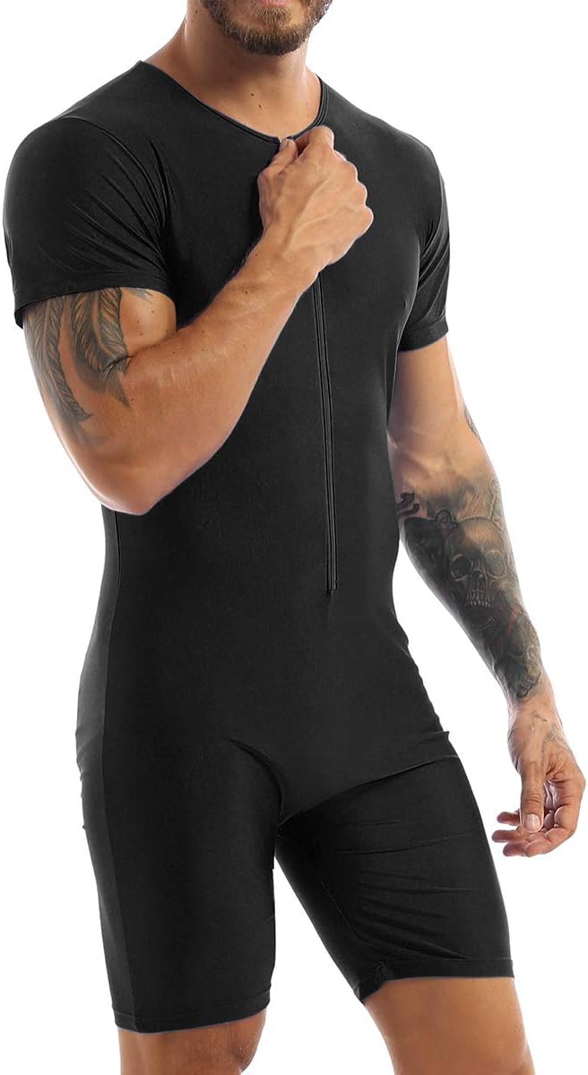 Men's One Piece Wrestling Singlet Leotard Front Zipper Boxer Shorts Bodysuit for Gymnastics