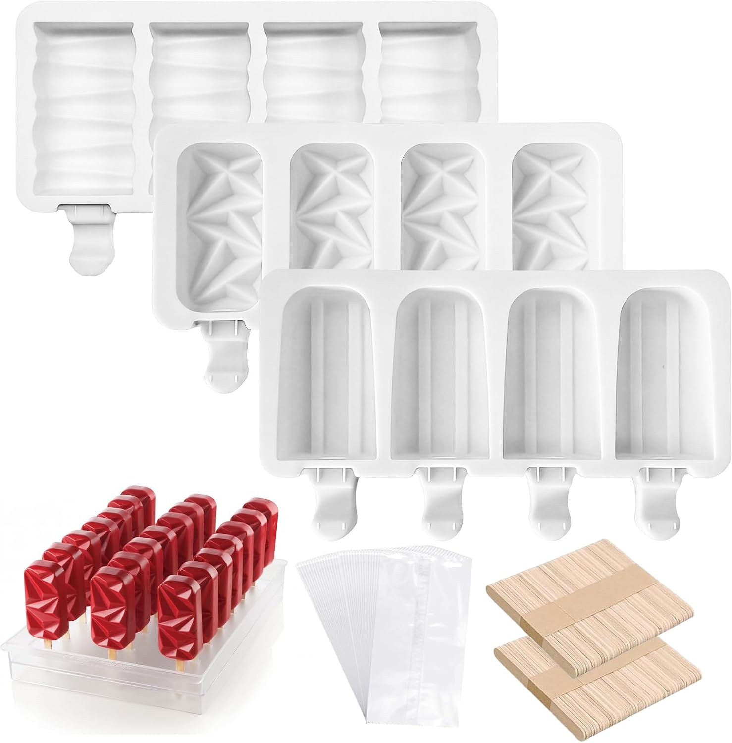 3 Set Silicone Popsicle & Cakesicle Molds, 12 Cavities with Lids, White