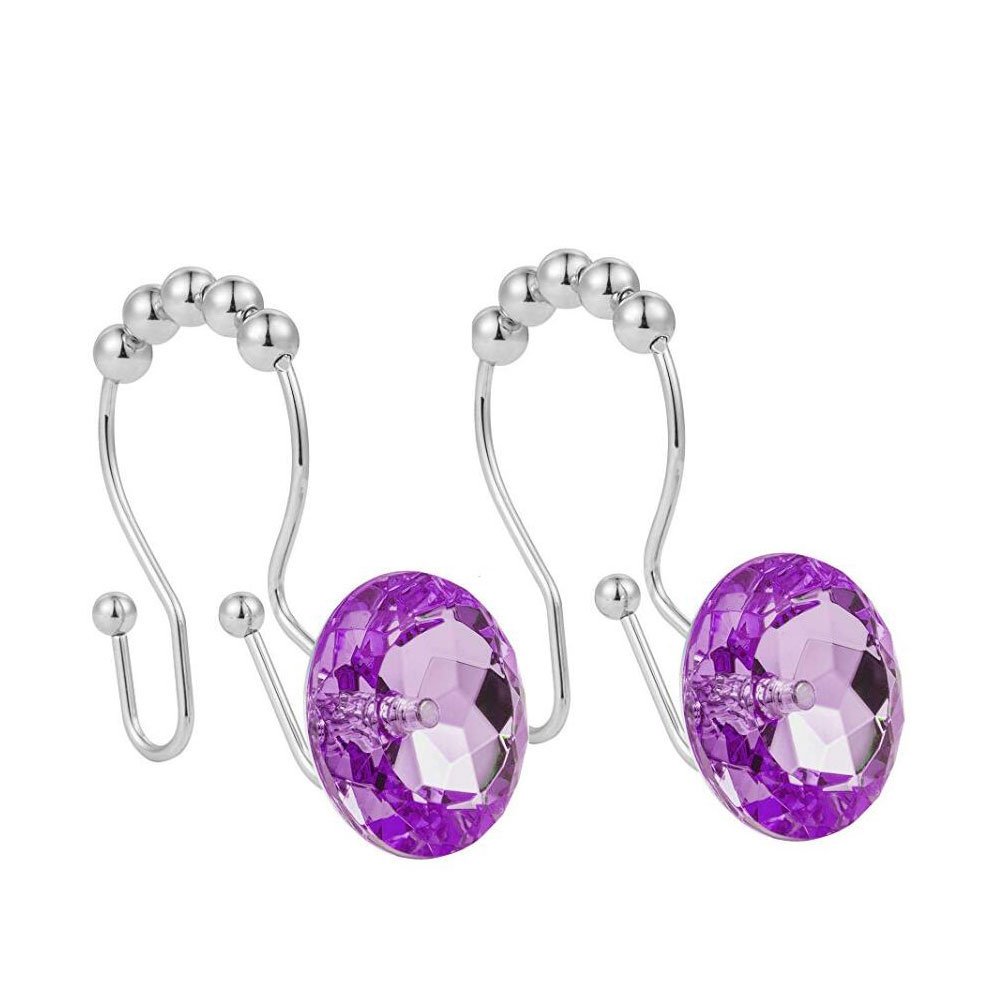 LUXURY WAY Shower Window Curtain Double Hooks,Stainless Steel Rustproof Crystal Rhinestones Gem Hooks 12-Pack. (Rhinestone Purple)