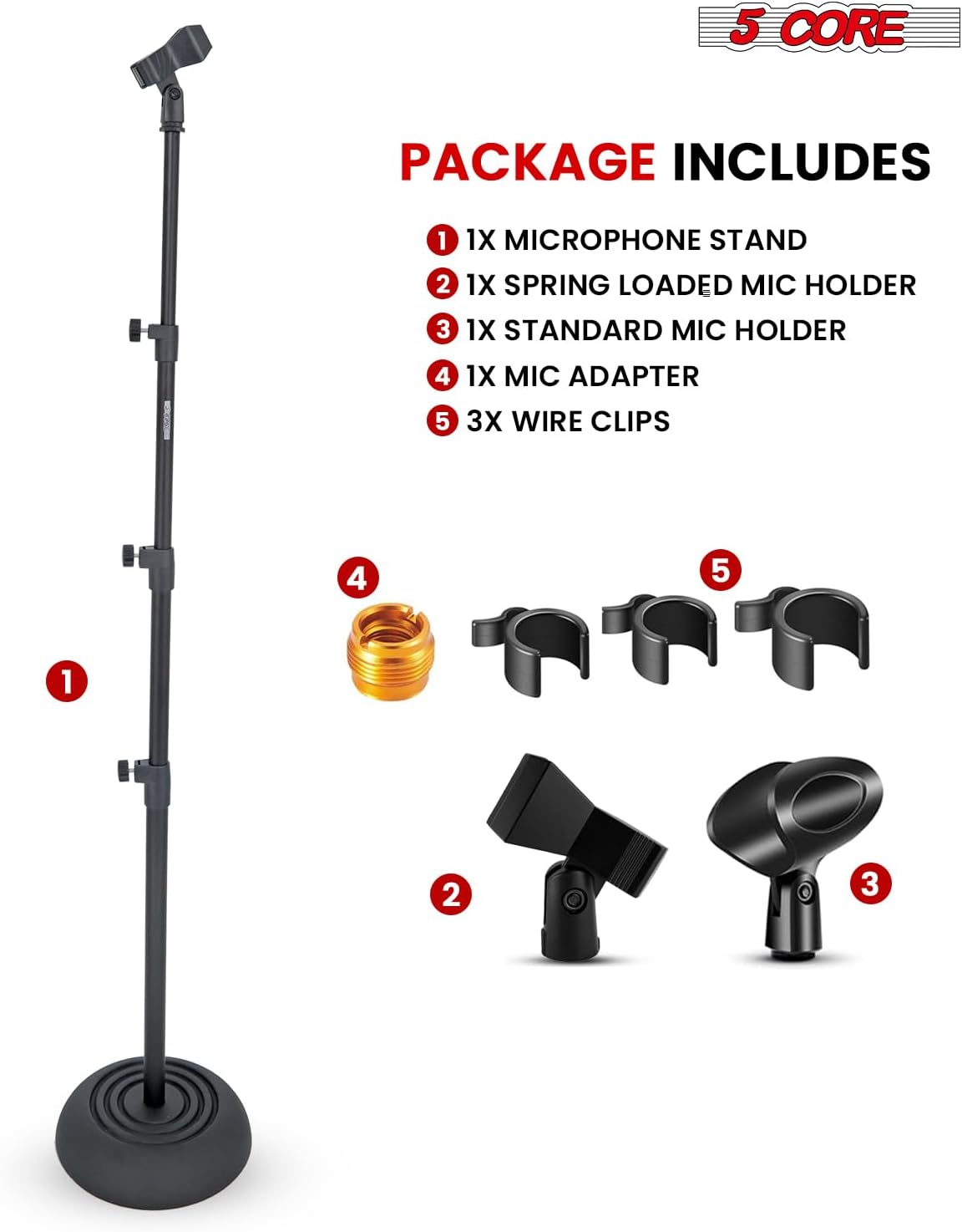 5 Core Mic Stand Floor Height Adjustable 24 to 67 Inch Universal Heavy Duty Microphone Stands Round Base Soporte De micrófono for Studio Singing Church On Stage - MS RBP 3T