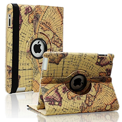 SAVEICON (TM) Leopard Rose Flower Map Pattern 360 Rotating PU Leather Case Smart Cover with Stand and Sleep/Wake for Apple iPad 4 with Retina Display, iPad 3, iPad 2 (iPad 4/iPad 3/iPad 2, Pattern E)