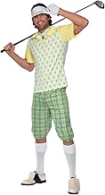 Smiffys Gone Golfing Costume, Retro Golfer Outfit with Green Visor, Check Shorts, Diamond Print Top, Bow Tie & Glove, 1970s Themed Fancy Dress, Adult Men's Novelty Dress Up Costume