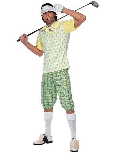 Smiffys Disfraz de ir a jugar al golf, verde, amarillo y blanco, con visera, shorts, top