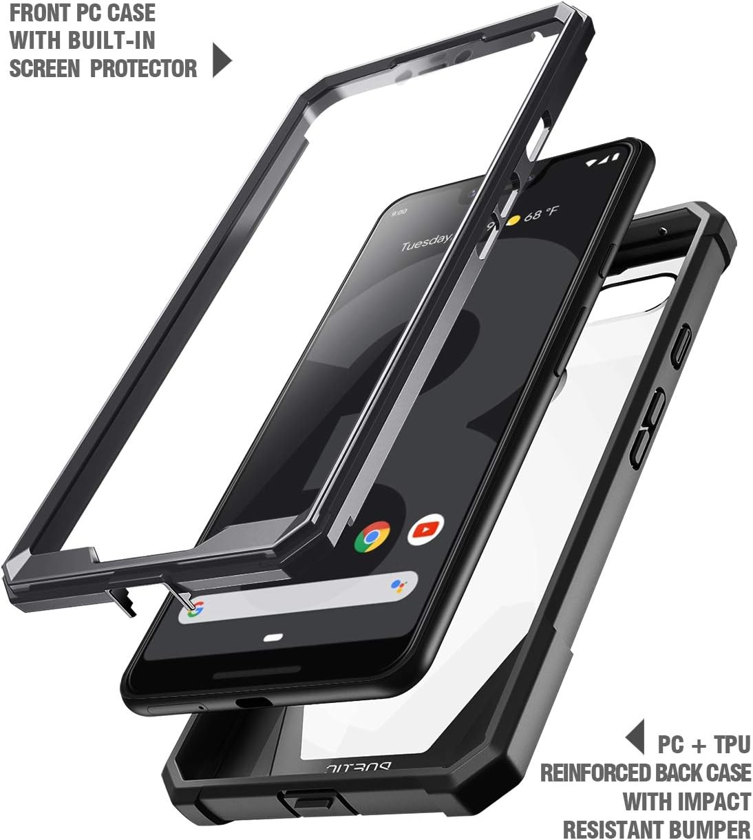 Google Pixel 3 XL Case, Poetic Guardian [Scratch Resistant Back] Full-Body Rugged Clear Hybrid Bumper Case with Built-in-Screen Protector for Google Pixel 3 XL Black