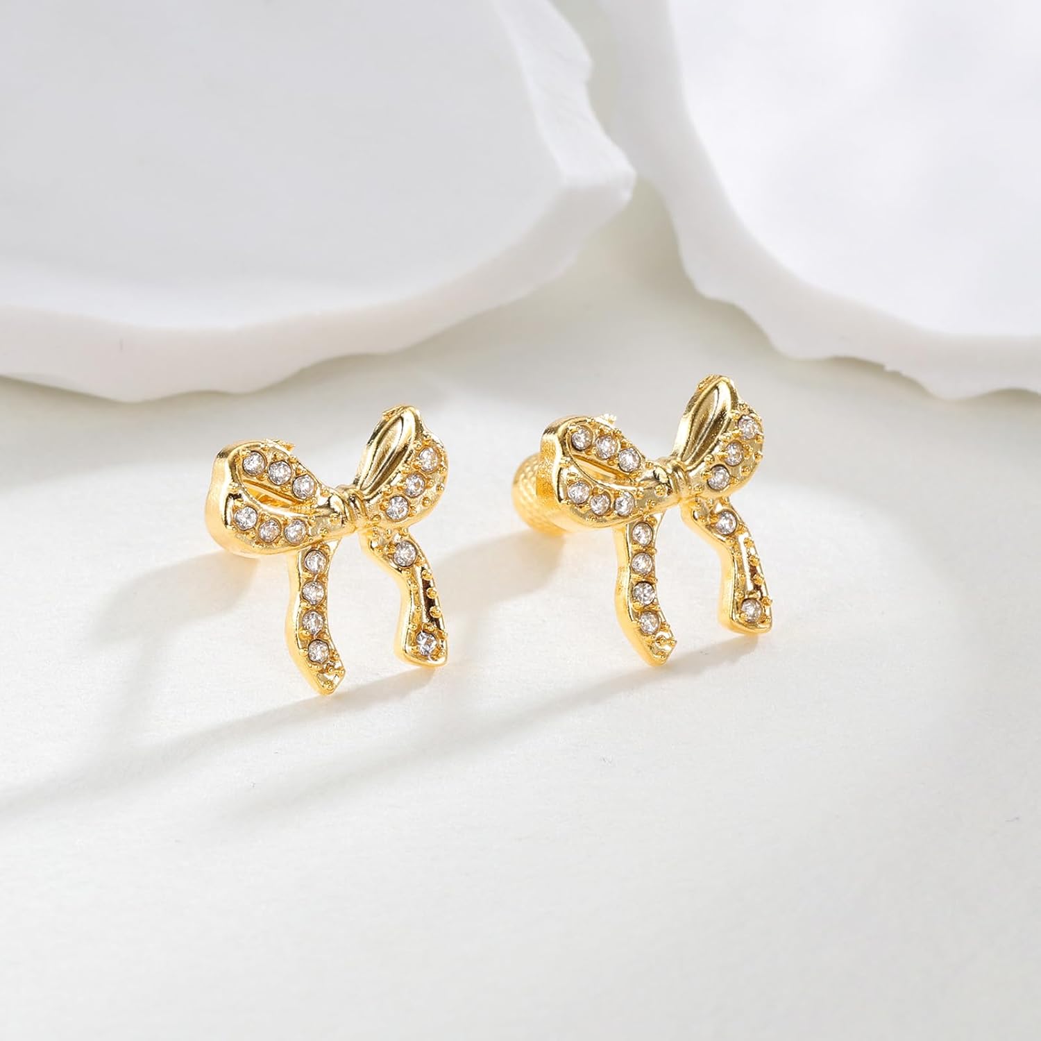 Seraphina 14K Gold Plated Bow Stud Earrings for Women Hypoallergenic Screw Back Flatback Cartilage Helix Earrings - Image 3