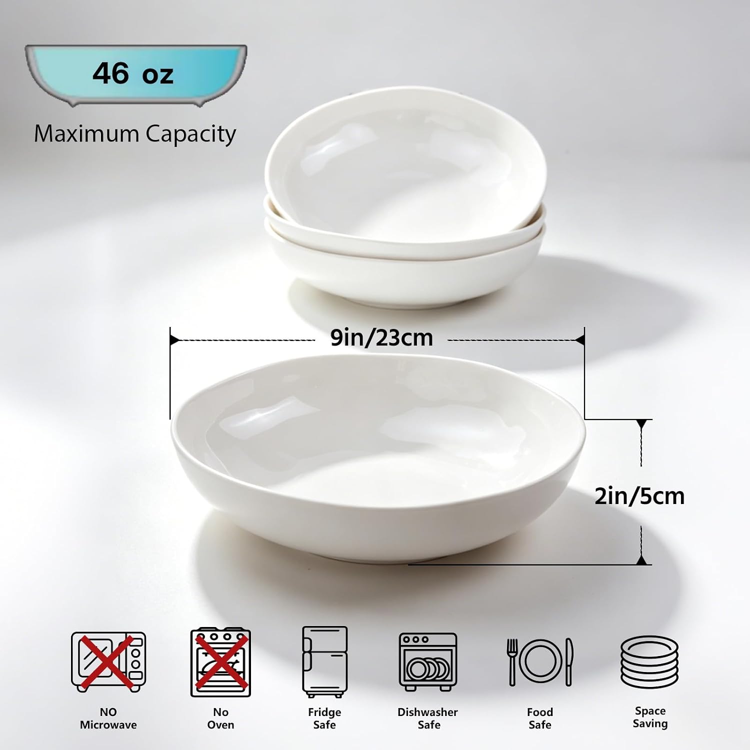 9 Inch Organic Shape Melamine Pasta Bowls Set of 4, 46 oz White Modern Salad Soup Dinner Bowls, Lightweight Shatter-Resistant Bowls for Indoor Outdoor Everyday Dining