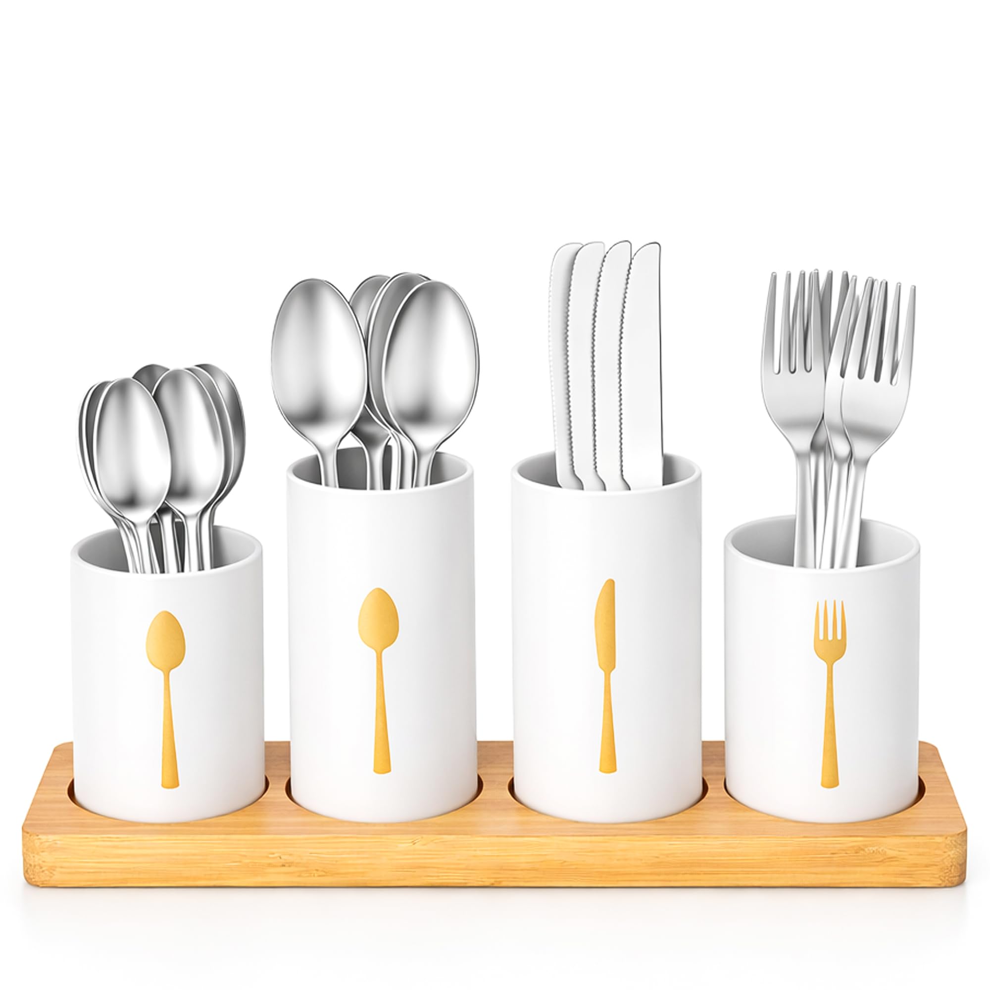 Innoteck Cutlery Set with Bamboo Holder 20pcs Stainless Steel – Tableware for 4 with Organizer – Forks, Knives, Spoons, Teaspoons & Cake Forks – Dishwasher Safe, White