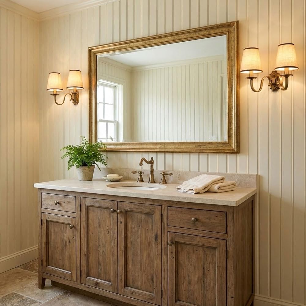 Aiwen 17.71" Vintage Industrial Wall Sconce, 2-Light Brass Wall Lamp with Fabric Shade, E12 Bulb Base, Classic Farmhouse Wall Lighting for Bedroom, Living Room, Hallway