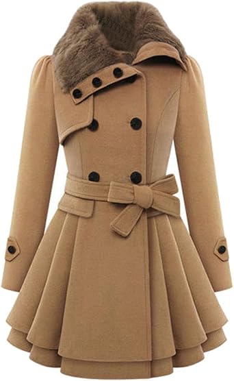 SACFOF Womens Faux Fur Lapel Double Breasted Thick Wool Trench Coat Winter Warm A-Line Dress Wool Blend Pea Coat Jackets