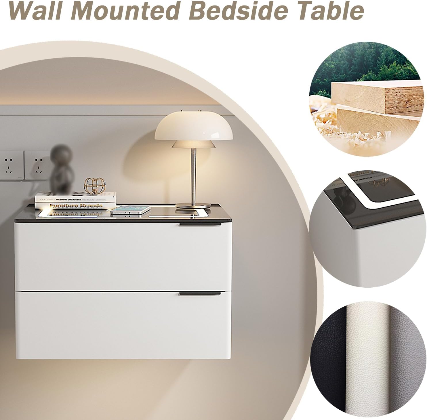 Floating Nightstand with Charging Station, Modern Night Stand with 2 Drawer, Floating Vanity Table with Adjustable LED Light, Wall Mounted Bedside Table, for Bedroom,Black,50cm/20in
