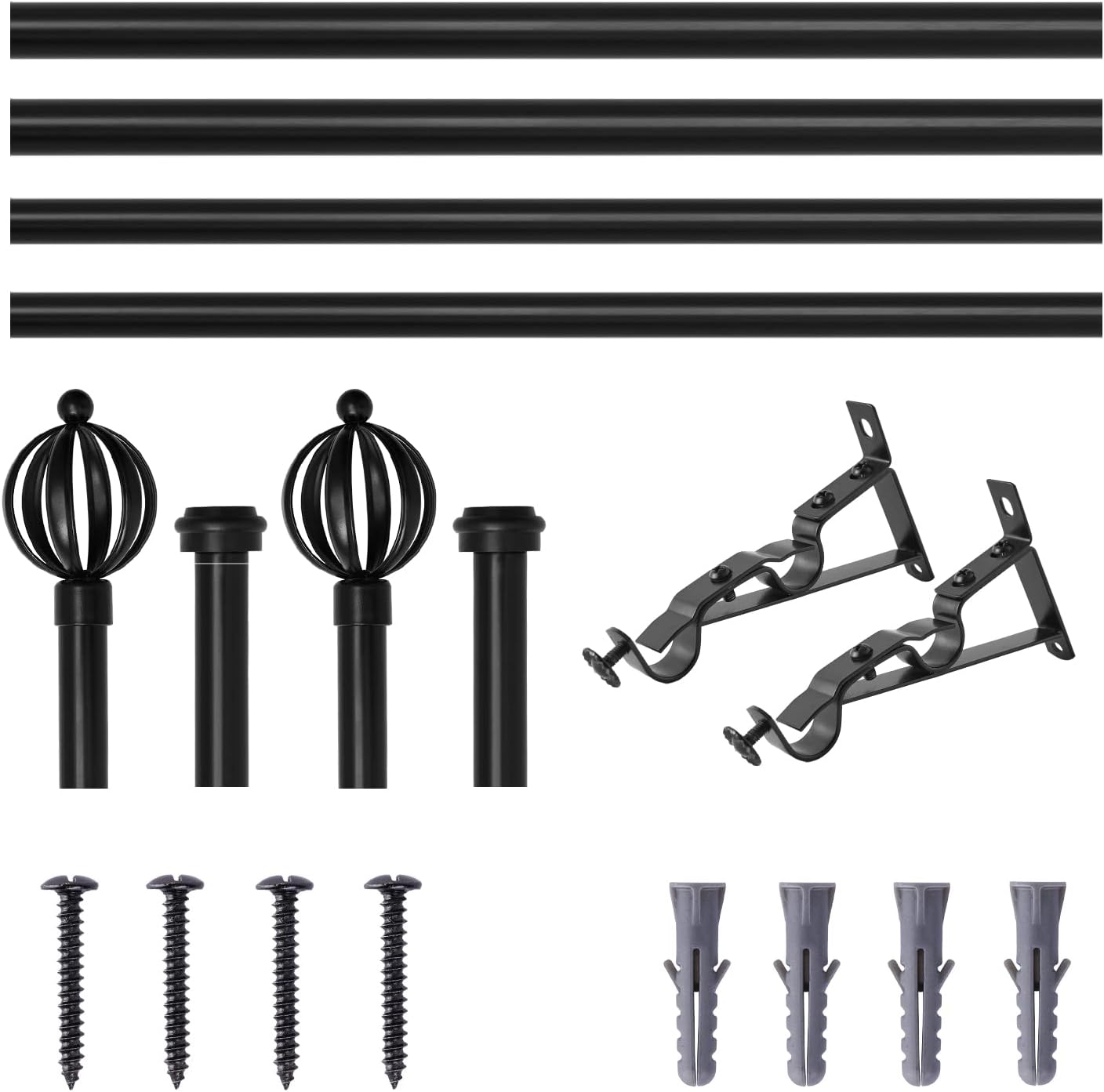 Double Curtain Rods, Window Treatment Telescoping Double Curtain Rod Set, 3/4-Inch Diameter, Adjustable Curtain Rod Adjusts from 48 to 86 Inches, Black