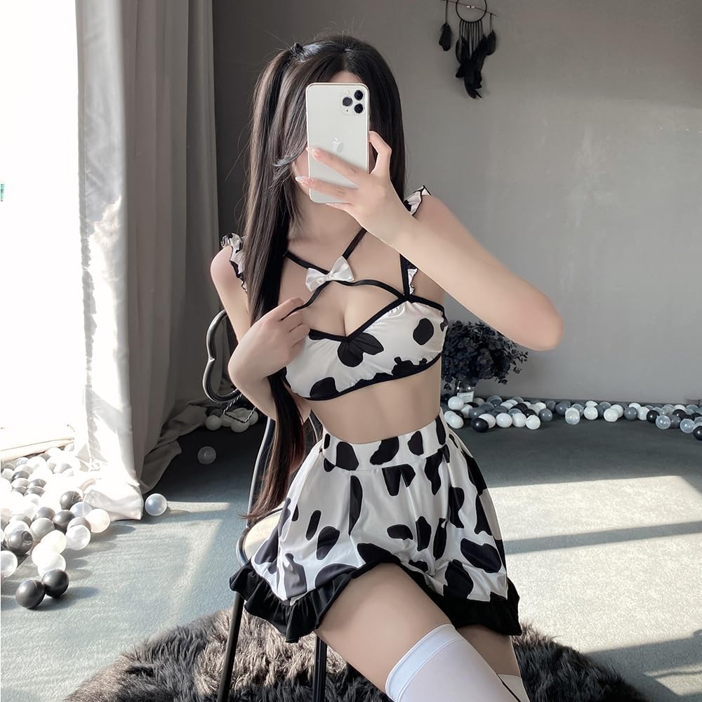 sexy cow outfit for women lingerie Cosplay Costume cowgirl Cute Mini Milk Cow print dress anime Roleplay Bodysuit Crop Top Bra Halter ruffle skirt Stocking Set Halloween Black white