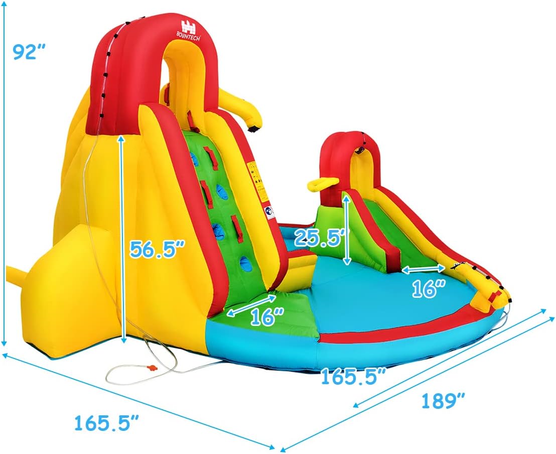 GLACER Inflatable Bounce House w/ 2 Slides, 2 Climbing Walls, Splash Pool, Water Cannon, Basketball Rim, Including Carrying Bag, Repair Kit, Water Slides for Backyard Lawn Park (Without Air Blower)