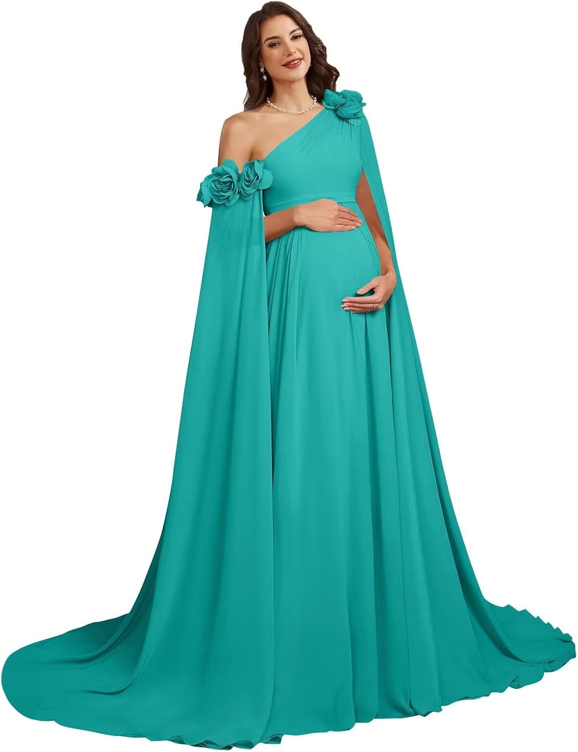 Tianzhihe One Shoulder Maternity Dresses for Photoshoot with Cape Sleeve Chiffon A Line Baby Shower Dresses