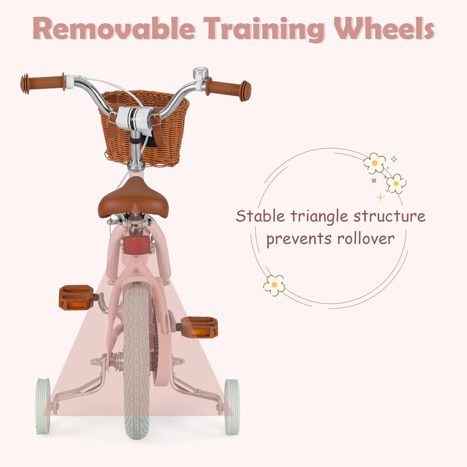 Olakids Kids Bike, 12 14 16 18 Inch Toddlers Bike with Training Wheels Rattan Basket Adjustable Seat and Handlebar Safety Bell, Children's Bicycle for Girls Boys Age 3-8