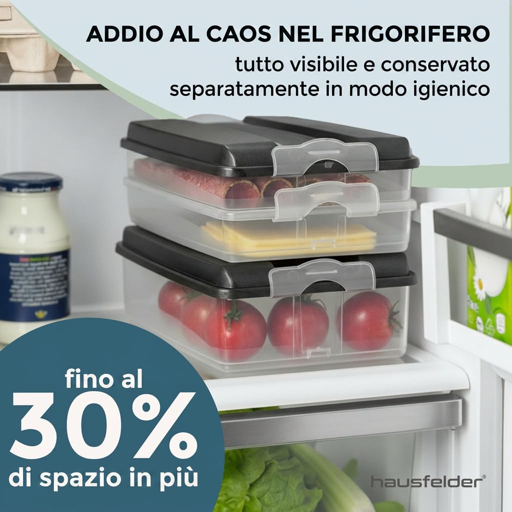 Hausfelder contenitore salvafreschezza per affettati set vassoi frigo, impilabili con coperchio, scatola di conservazione del frigorifero per salumi (3x bassi, 2x alti)