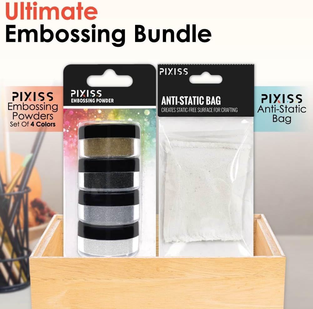 Pixiss Embossing Kit with Anti Static Bag - .15 oz Black, White, Silver, and Gold Embossing Powder Set - for Embossing, Glittering, Card Making, Scrapbooking, and Mixed Media Art