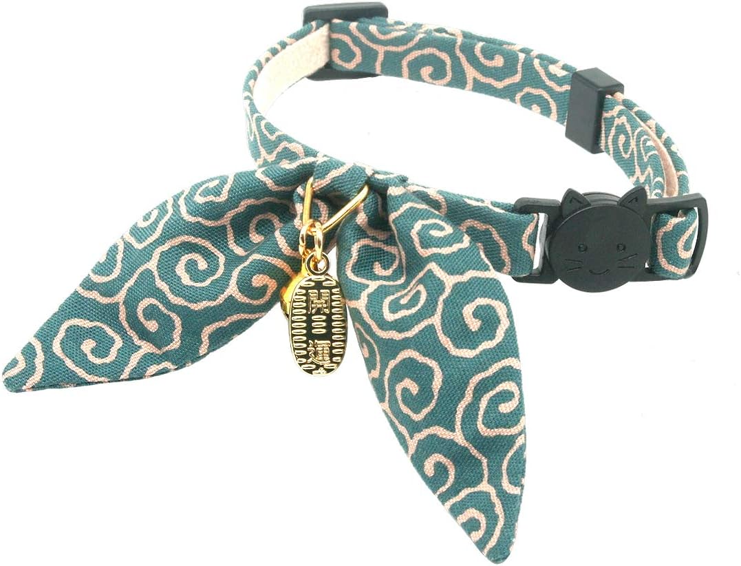 PetSoKoo Unique Bunny Ears Bowtie Cat Collar, Japan Traditional Lucky Pendant and Gold Bell. Safety Breakaway, Light Weight, Soft, Durable. Quick Release and Easy Adjustable (Standard, Dark Cyan)