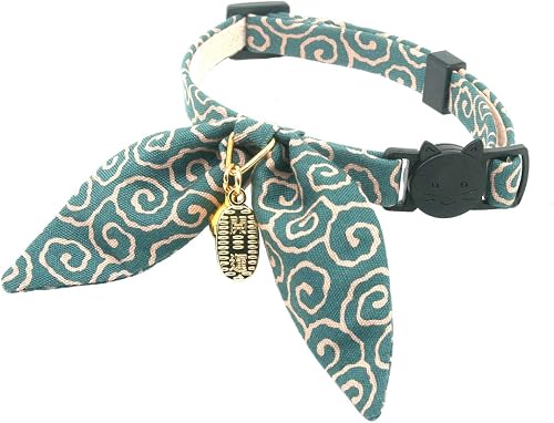 Bunny Ears Cat Collar, Japan Lucky ‘開三運’ Charm. Safety Breakaway Bowtie Kitten Collar with Bell, Light Blue