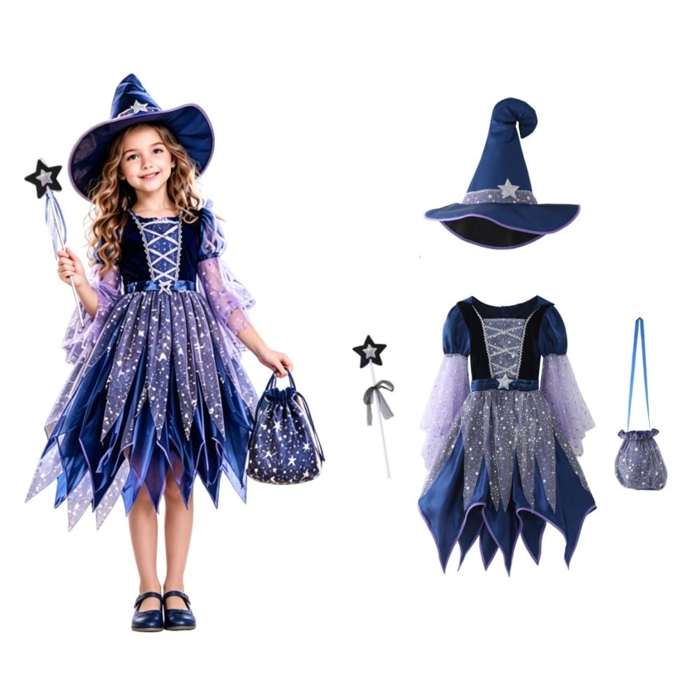 Girls Witch Costume Set 4 Piece Halloween Cosplay Party Fancy Dress with Star Tulle Dress Pointed Hat Bag Wand Kids Witch Cosplay Outfit for Party Stage Performance Blue