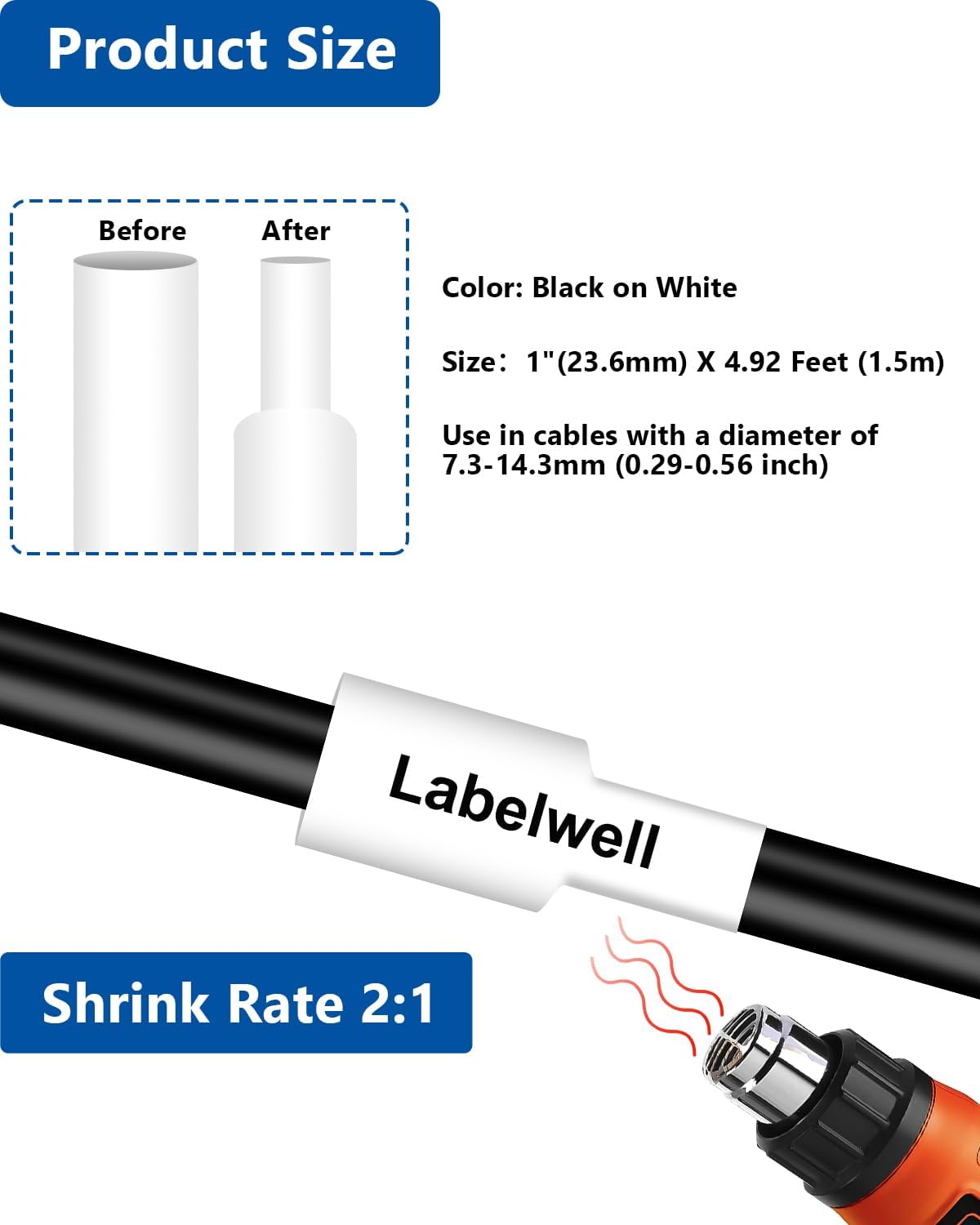 Labelwell 3-Pack HSe-251 23.6mm 0.92" Compatible for Brother HSe 251 HSe251 HS-251 HS251 Black on White Heat Shrink Tube Label Tape Work with PT-P710BT P700 P900 D600 E500 E500VP E550W E800W