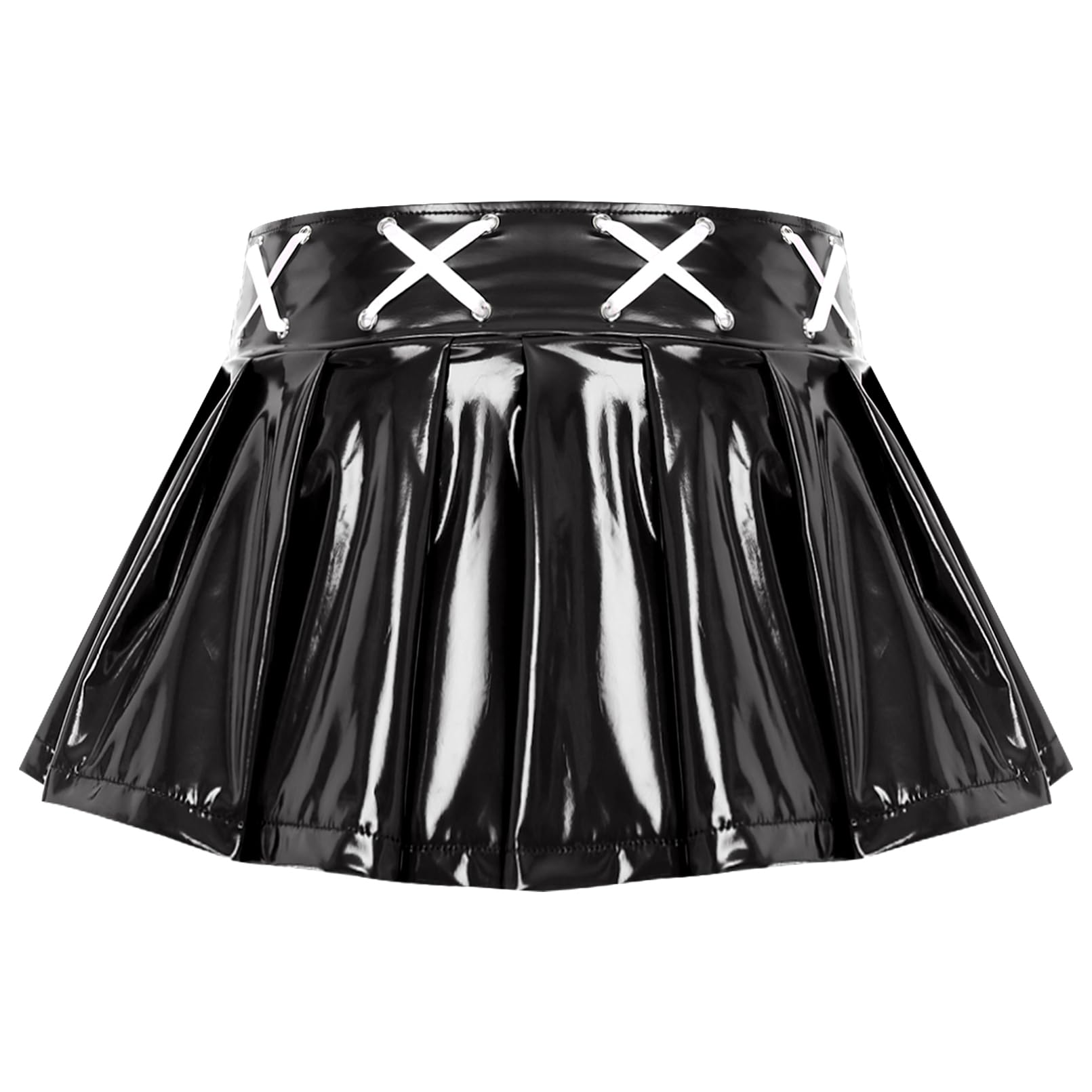 Gonna corta da donna, effetto bagnato, in pelle laccata, a pieghe