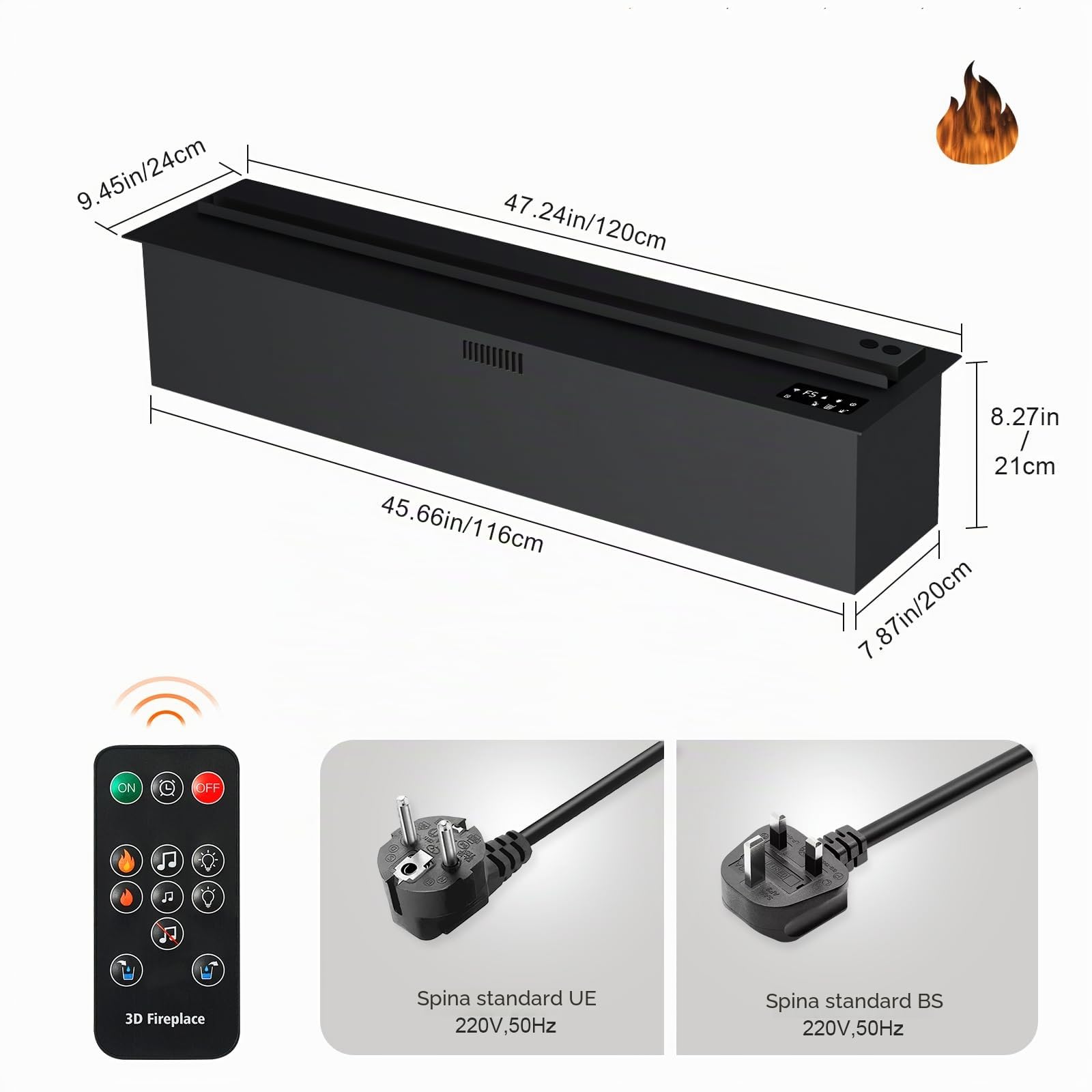 Camino a vapore, camino elettrico, camino elettrico da incasso, effetto fiamma 3D, camino con telecomando [120cm,nessun calore]
