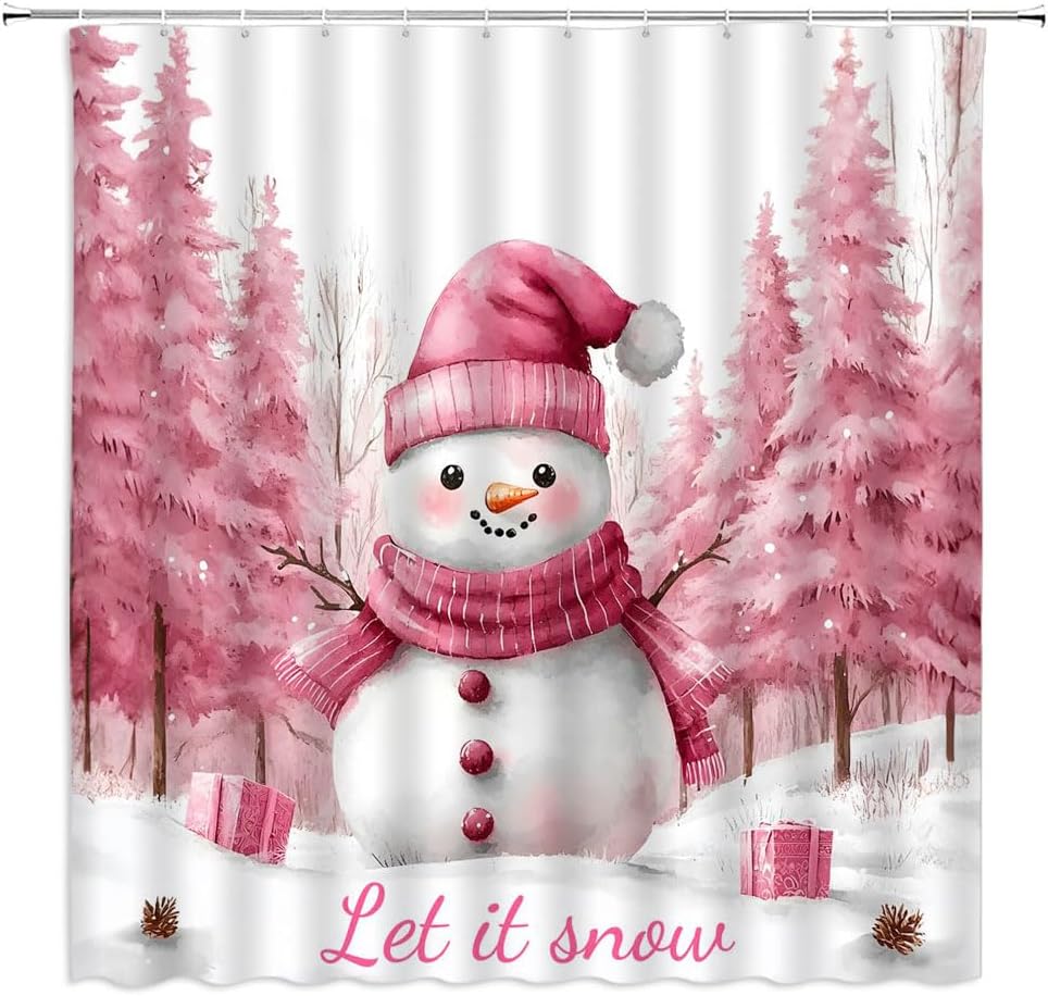 Pink Cute Snowman Shower Curtain Merry Christmas Winter Snowflake Pine Tree Let it Snow Xmas Holiday Polyester Curtains Bathroom Decor with Hooks 59" Wx90 H