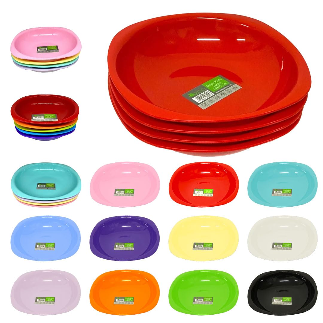 ECO4 Pc Unbreakable Deep 19 x 19 cm Red Round Plastic Plates | Large High Edge Kids Plates | Stackable Plastic Plate Reusable for Birthdays, Picnic, BBQ & Parties (Red, Large)