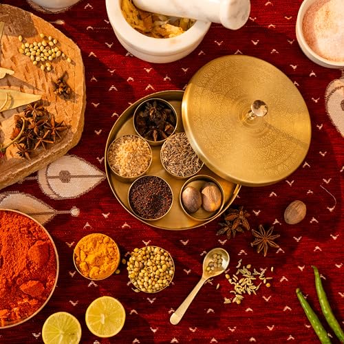 Image of Chutki Brass Masala Box with Spoon | Brass Spice Bowls | Handcrafted Masala Box Organizer | Kitchen Spice Storage Box