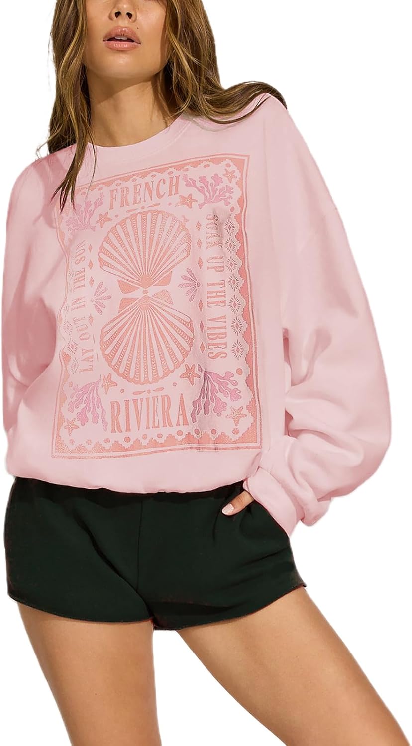 Cute Sweatshirts for Teen Girls Y2K Beach Graphic Oversized Pullover Sweatshirt Preppy Crewneck Aesthetic Jacket