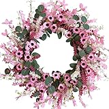 Idyllic 18 Inch Valentines Day Wreath for Front Door with Pink Daisy Wildflowers, Pink Lavender Eucalyptus Leaves Spring Wreath for Valentine Wedding, Faux Flower Wreath for Indoor and Outdoor