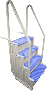 Confer Plastics Step-1X Above Ground Pool Entry System – Dual Handrails, Slip-Resistant Steps, Supports 400 lbs, Easy Installation, Warm Grey with Blue Treads, Made in USA