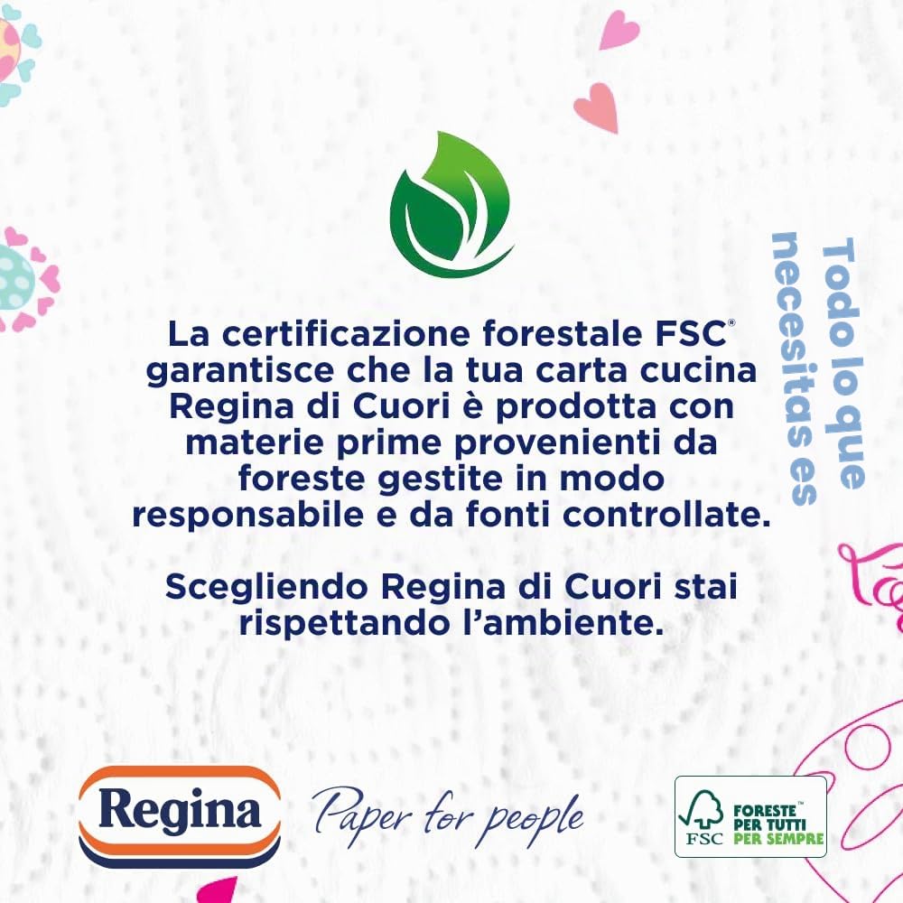Paquete de 30 rollos de papel de cocina con diseño de reina de corazones. 50 hojas por rollo. Gran absorción, grueso y resistente. Papel 100% certificado FSC®.