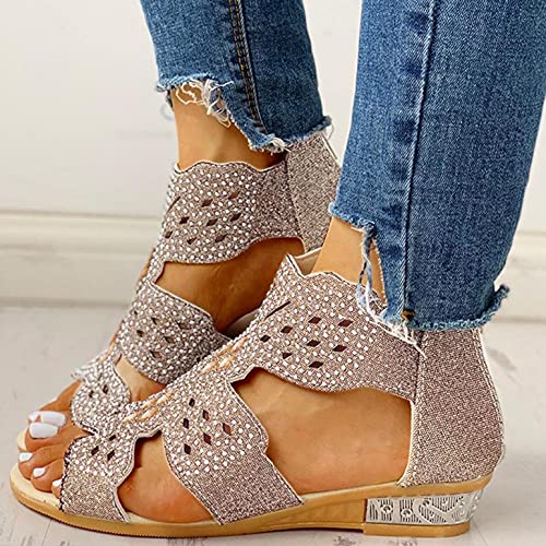 Noldares Women's Sandals Fashion Hollow Out Zip Up Rhinestone Flat Sandals Dressy With Ankle Strap Summers Sandals For Women #TOP1