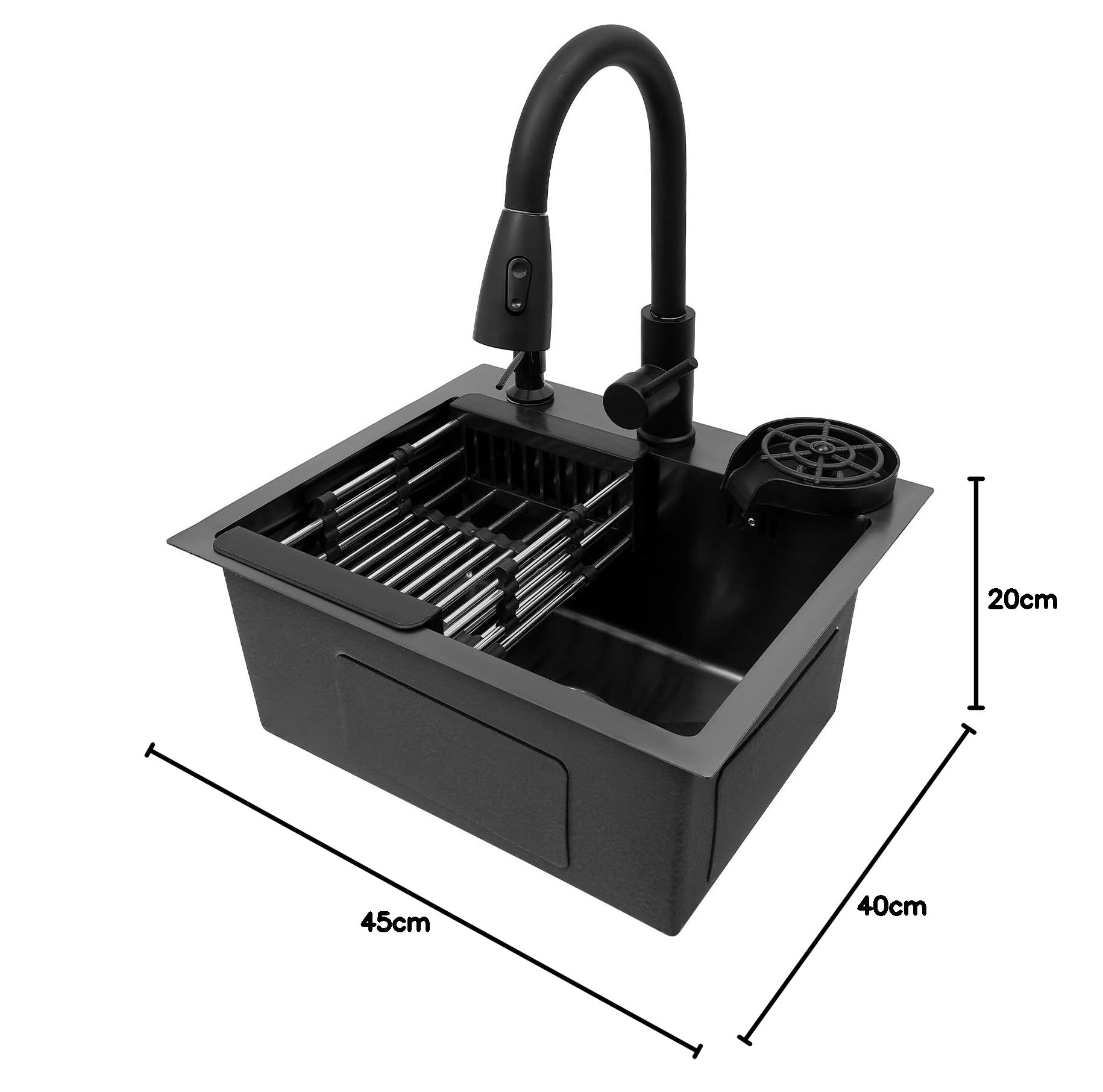 Lavello in acciaio inox nero con rubinetto estraibile e lavastoviglie per tazze, set di lavello multifunzione, 42 x 37 x 20 cm