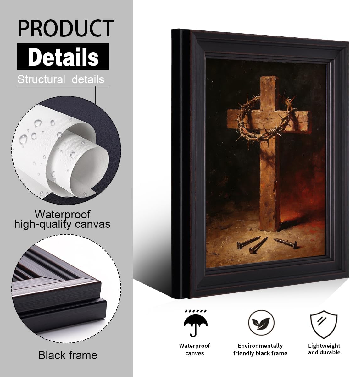 Framed Jesus Crucifixion Canvas Wall Art, Classic Good Friday Poster, Christian Religious Spiritual Faith Painting for Prayer Room, Cross And Nails Picture 12x16in