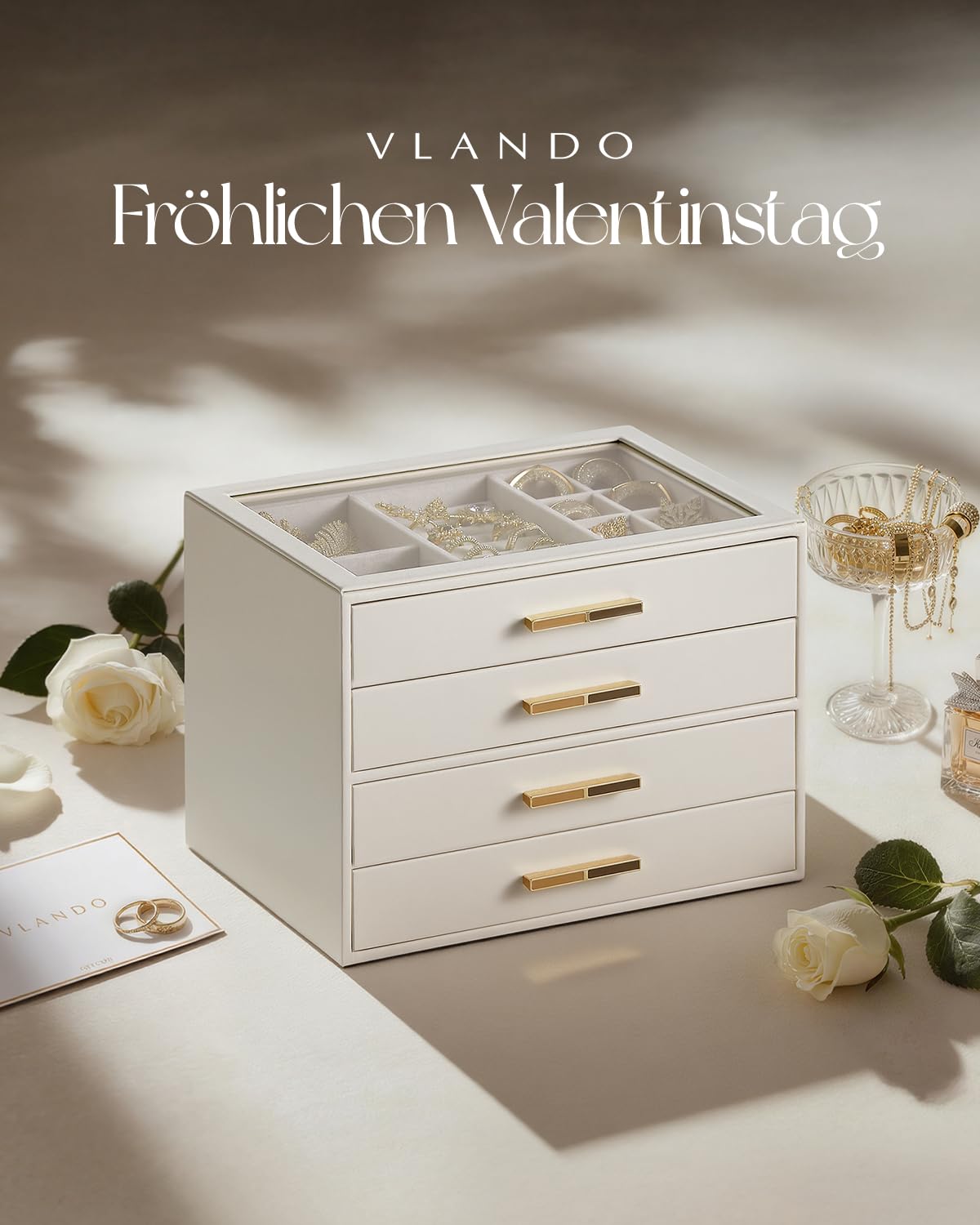 VLANDO Schmuckkästchen Groß, Schmuckkasten mit 4 Ebenen, Schmuck Organizer mit Glasdeckel, 4 Schubladen,für Halsketten, Ohrringe, Uhren, Armbänder, Schmuckaufbewahrung, Modern, Cinderella Plus, Beige