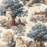 FunStick Carta da Parati Beige Marrone Casa di Campagna Vintage 44.5CMx3M | Carta da Parati Adesiva Muro Soggiorno Floreale Foglie Borghi Campestri Toile de Jouy Pellicola Adesiva Vinile Blu Alberi