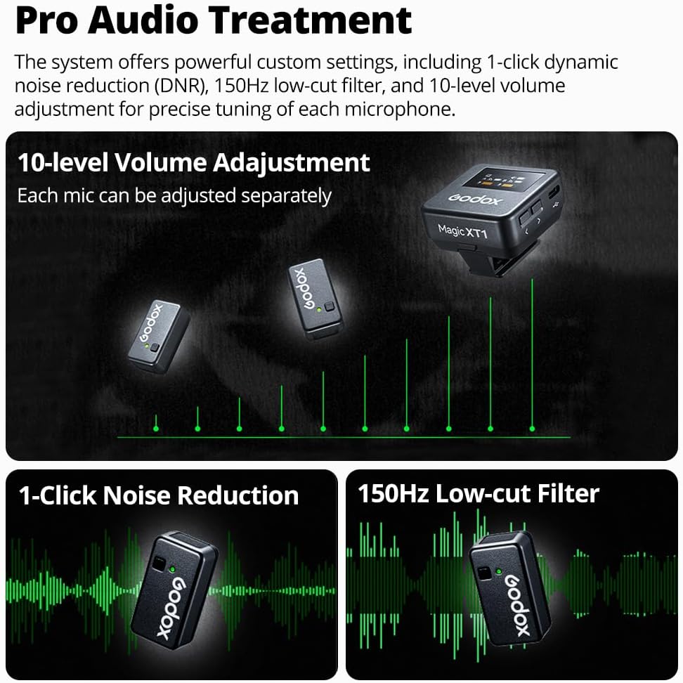 GODOX Magic XT1 Wireless Lavalier Microphone, Microphone for Camera (2 TX + 1 RX Charging Case), Mini Mic with Noise Cancellation, 16H Battery, Touch Screen 200M/60ft