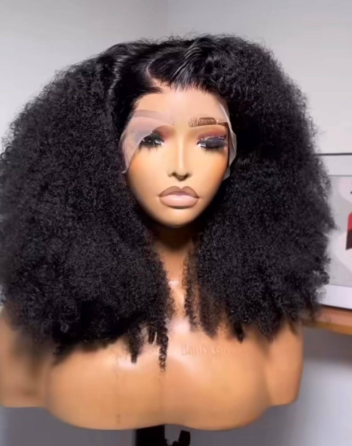 Afro Kinky Curly Lace Front Wig, 18 Inch Human Hair Blend, 300% Density, 13x4 Transparent Frontal, Black