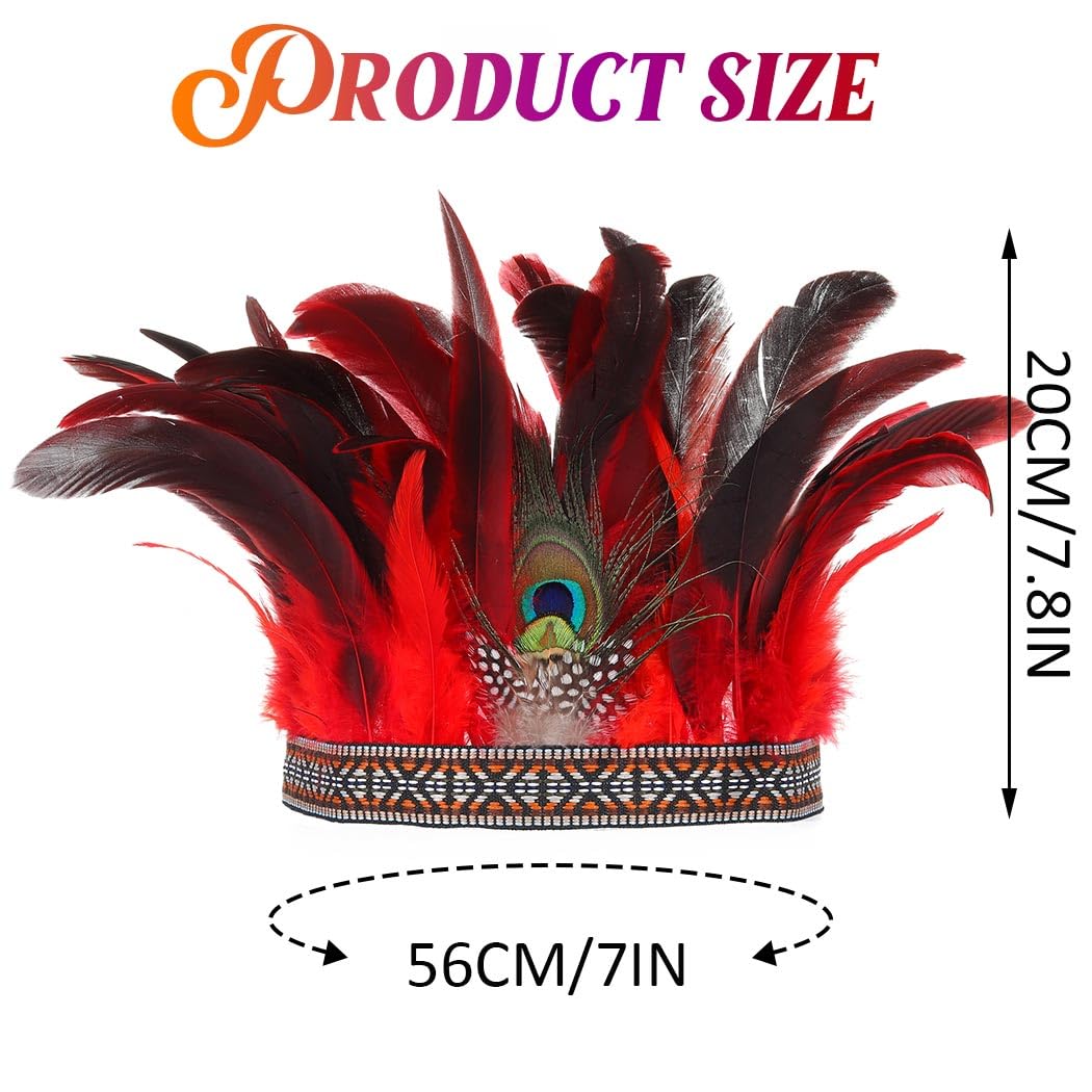 GORTIN Indian Headdress Peacock Feather Headband Native American Headpiece Carnival Costume Hair Accessories for Women (Red, Free size) - Image 3