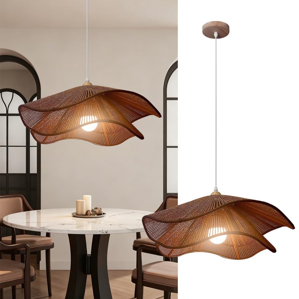 PANNN Wicker Pendant Light Vintage Farmhouse Pendant Lamp Bohemian Style Dining Table Lamp LED Suspended Lighting Fixture Suitable for Kitchen Island Dining Room Living Room Bedroom(Brown,60CM)