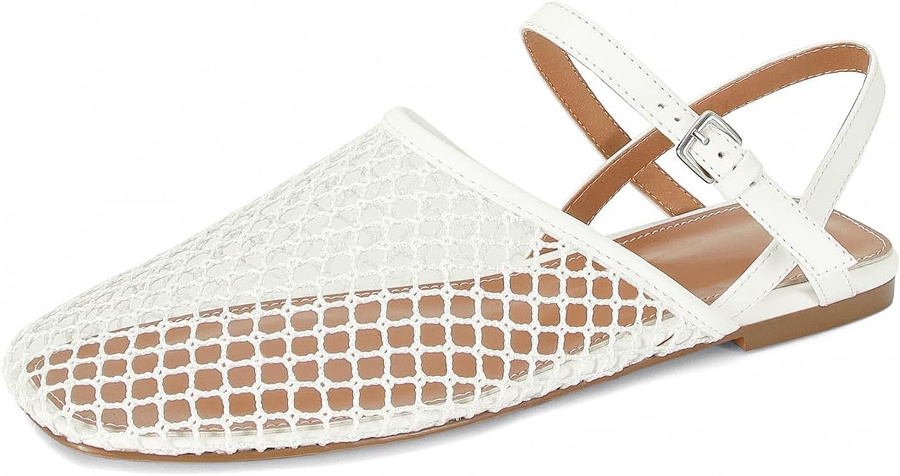 White Mesh Ballet Flats for Women Slingback Flats Round Toe Mary Jane Flat Fishnet Ballerina Shoes Comfortable Casual with Buckle Strap