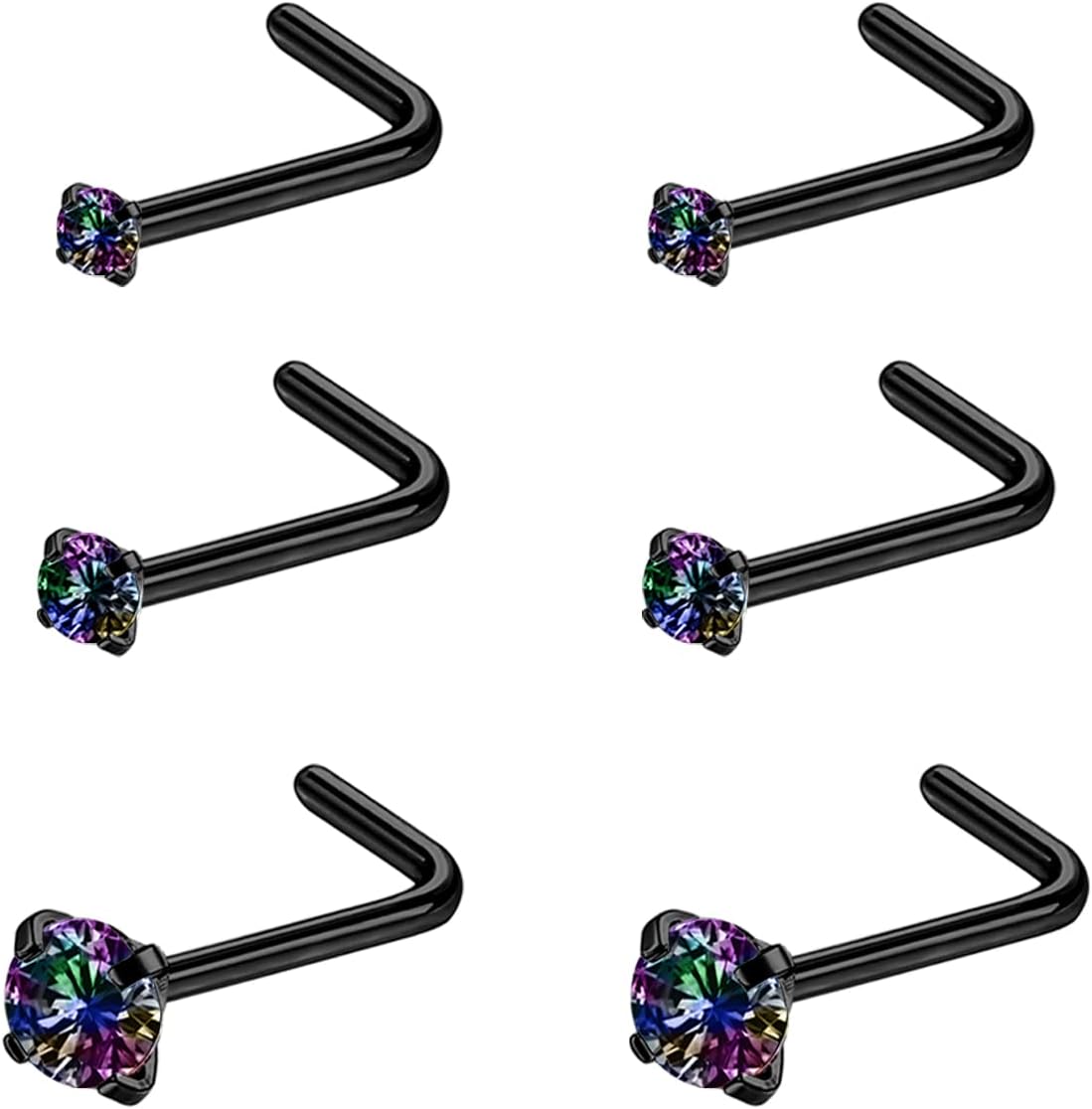 4-6pcs 20g Nose Rings Studs Surgical Steel Nose Rings CZ L Shaped Corkscrew Nose Ring Studs for Women Men Small Cute Silver Rose Gold Black Nose Rings Stud 1.5mm 2mm 2.5mm 3mm Nostril Piercing