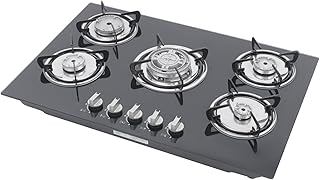 Gaskochfeld 5 Flammig, Gaskochfeld Stainless steel mit Automatischer Thermoelementschutz, Erdgas Gaskochfeld, Eingebautes Gas Kochfeld mit Gusseisernen Stützen, Elektronische Impulszündung